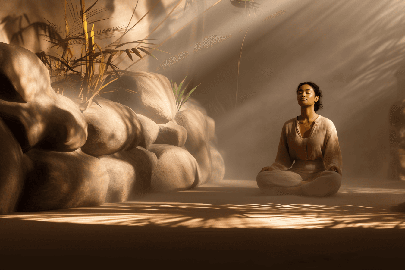 A woman meditating in a calm, sunlit space